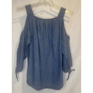 Madewell Women’s Blue Chambray Linen Blend Cold Shoulder Blouse Top Sz M Coastal